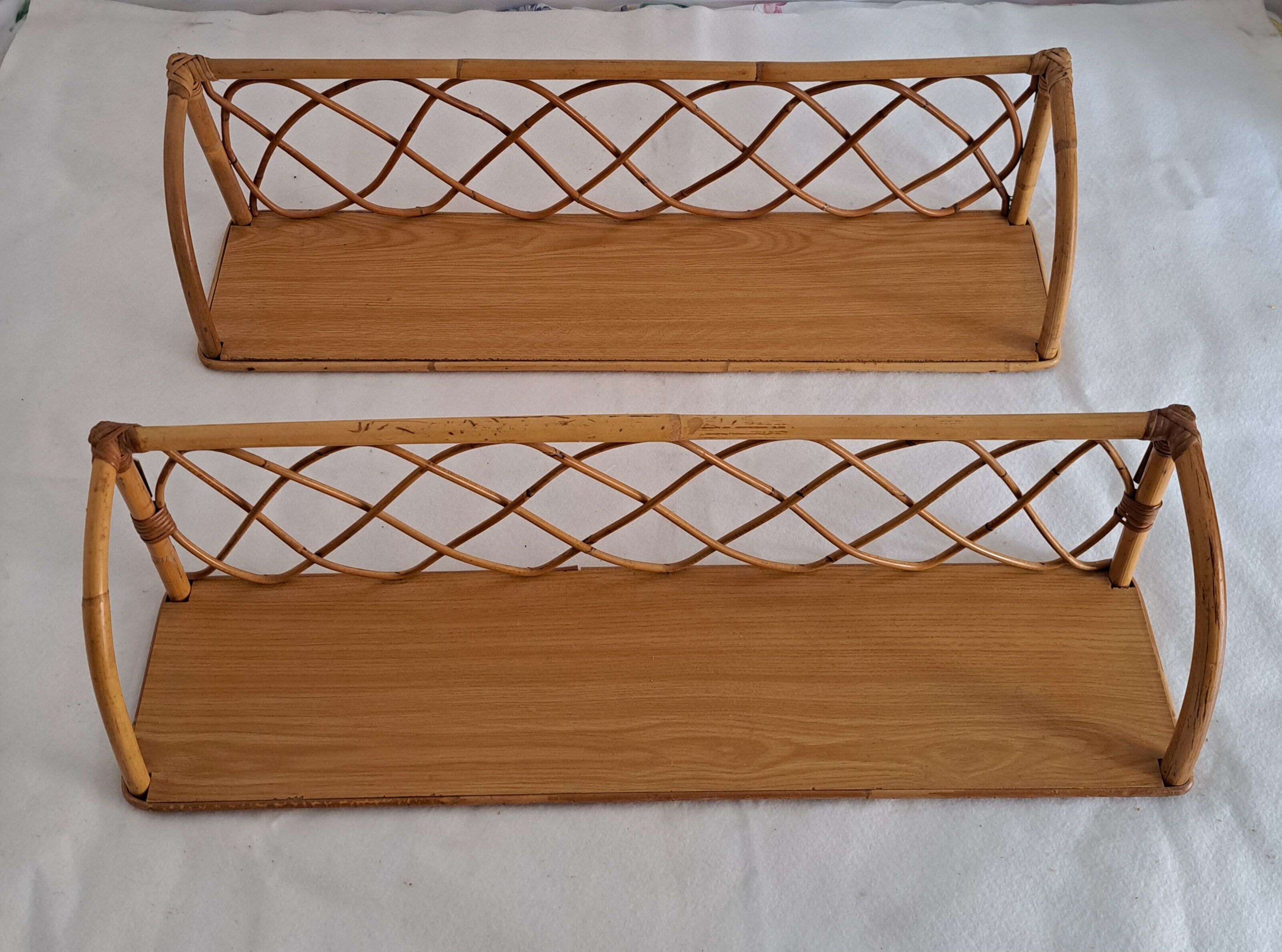 Pair of wall shelves made of bamboo and rattan