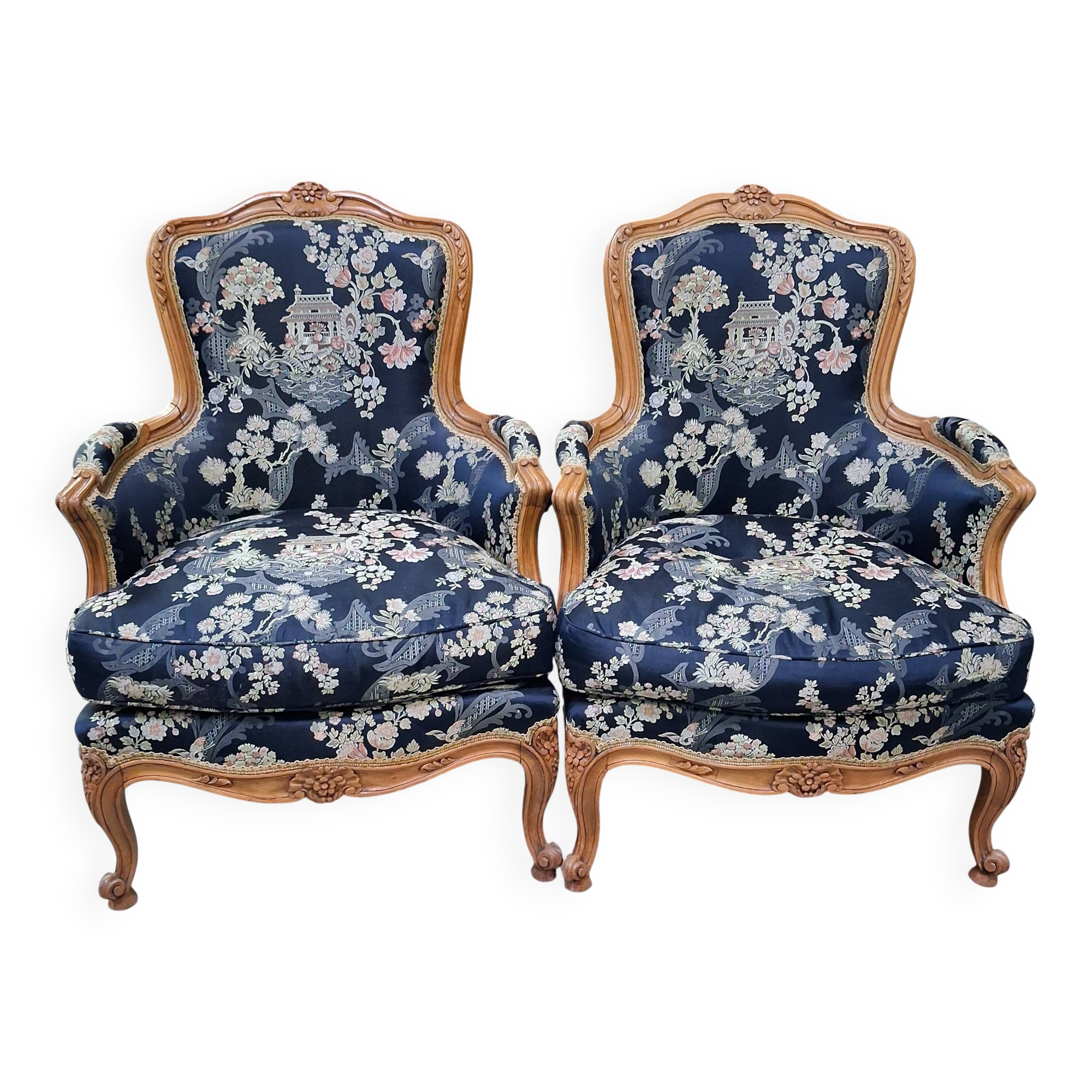 Pair of Louis XV style armchairs with Japonese tapestry.