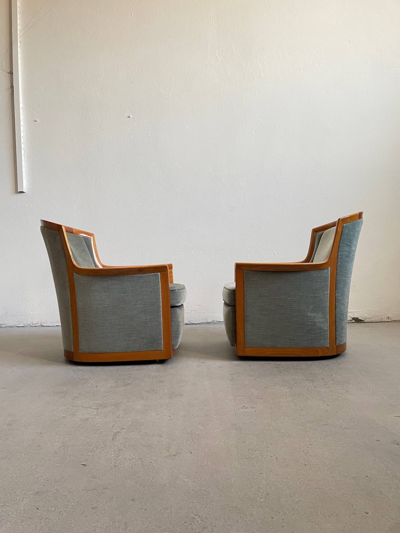 1960s Scandinavian Mid-century Armchairs, Solid Cherry Wood and Velvet