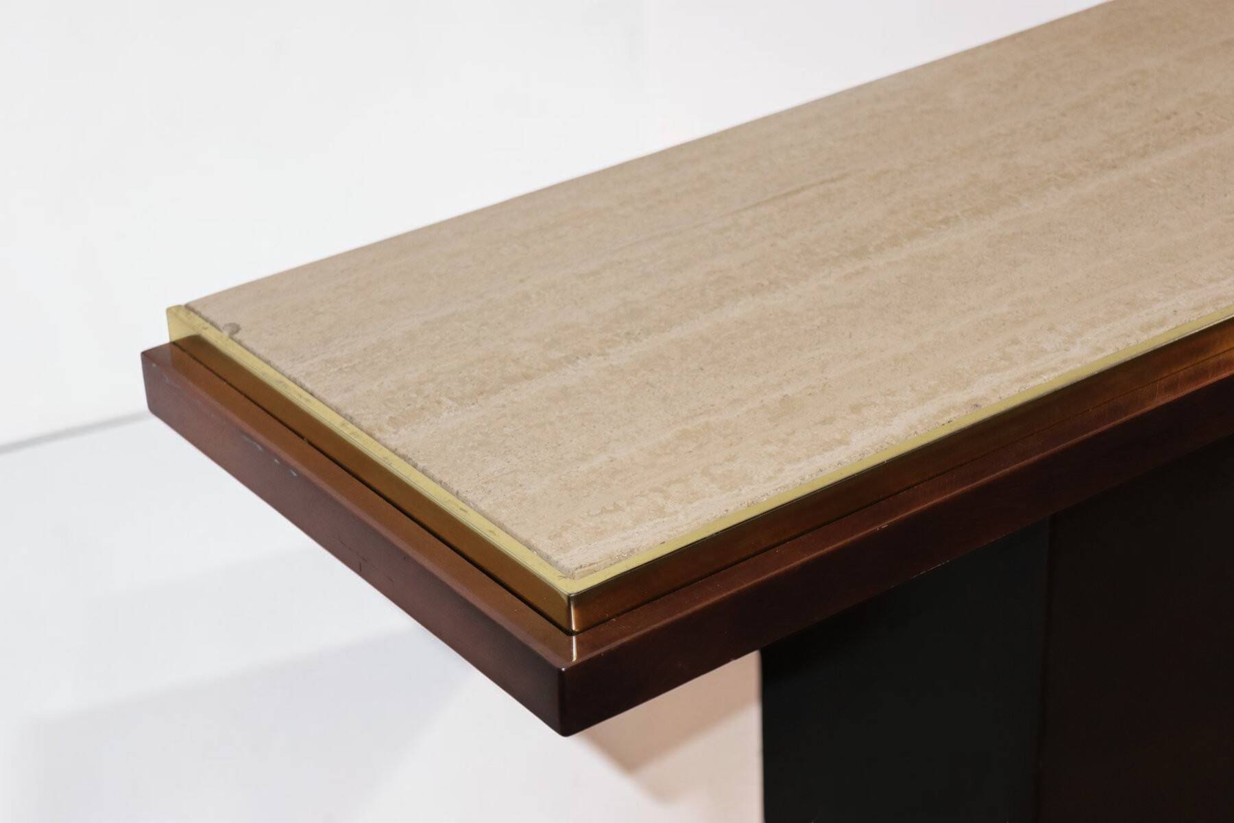 Minimalist console in travertine and patinated metal — 1970s