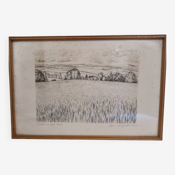 Original engraving by André Jacquemin (1904-1992), wheat field landscape, Haute-Marne, 1982