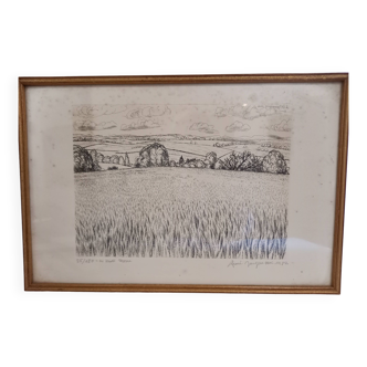 Gravure originale d'André Jacquemin (1904-1992), paysage de champ de blé, haute-marne, 1982