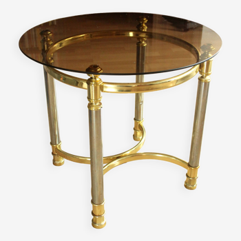 Table basse ronde de style Hollywood Regency, table d’appoint, en métal avec une plaque de verre fumé