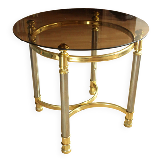 Hollywood Regency Style round coffee table, side table, made of metal with a smoked glass plate