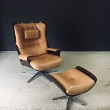 Set of Mid-Century Modern Leather Lounge Chair and Ottoman, Germany, 1960s