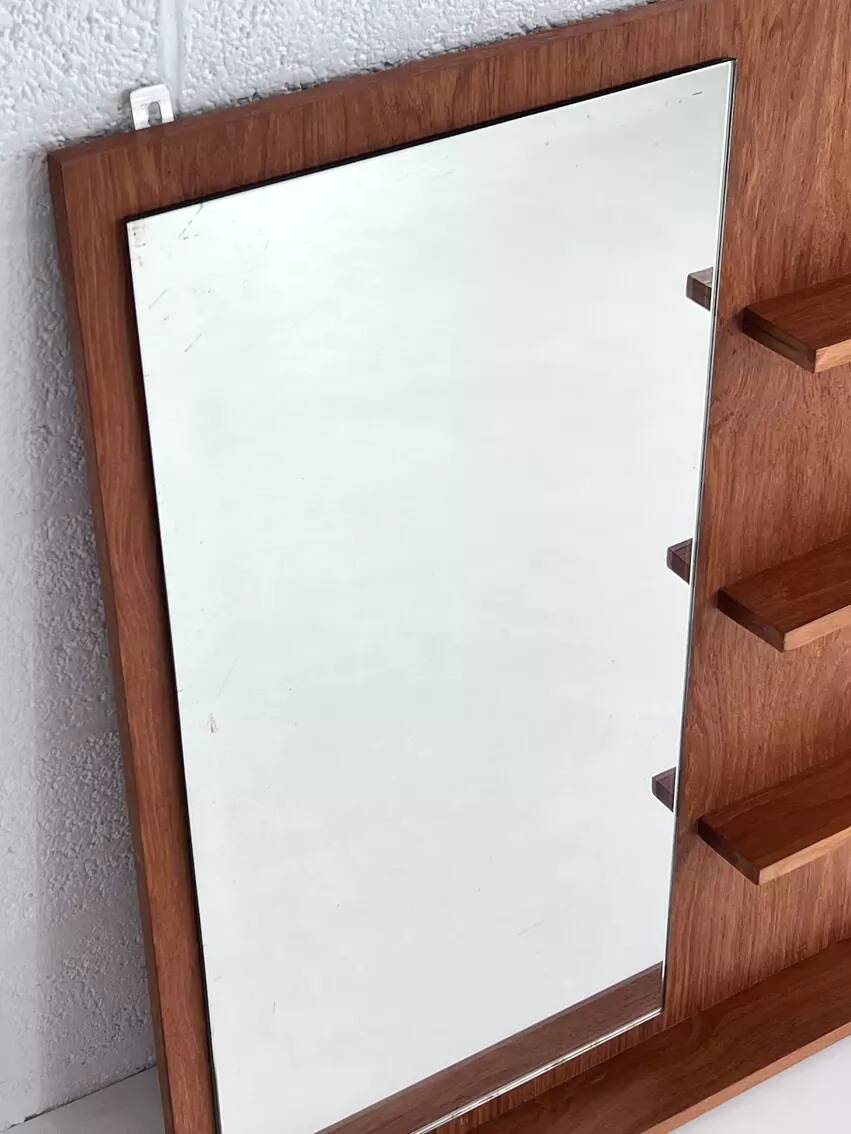 Scandinavian wooden mirror with integrated shelves