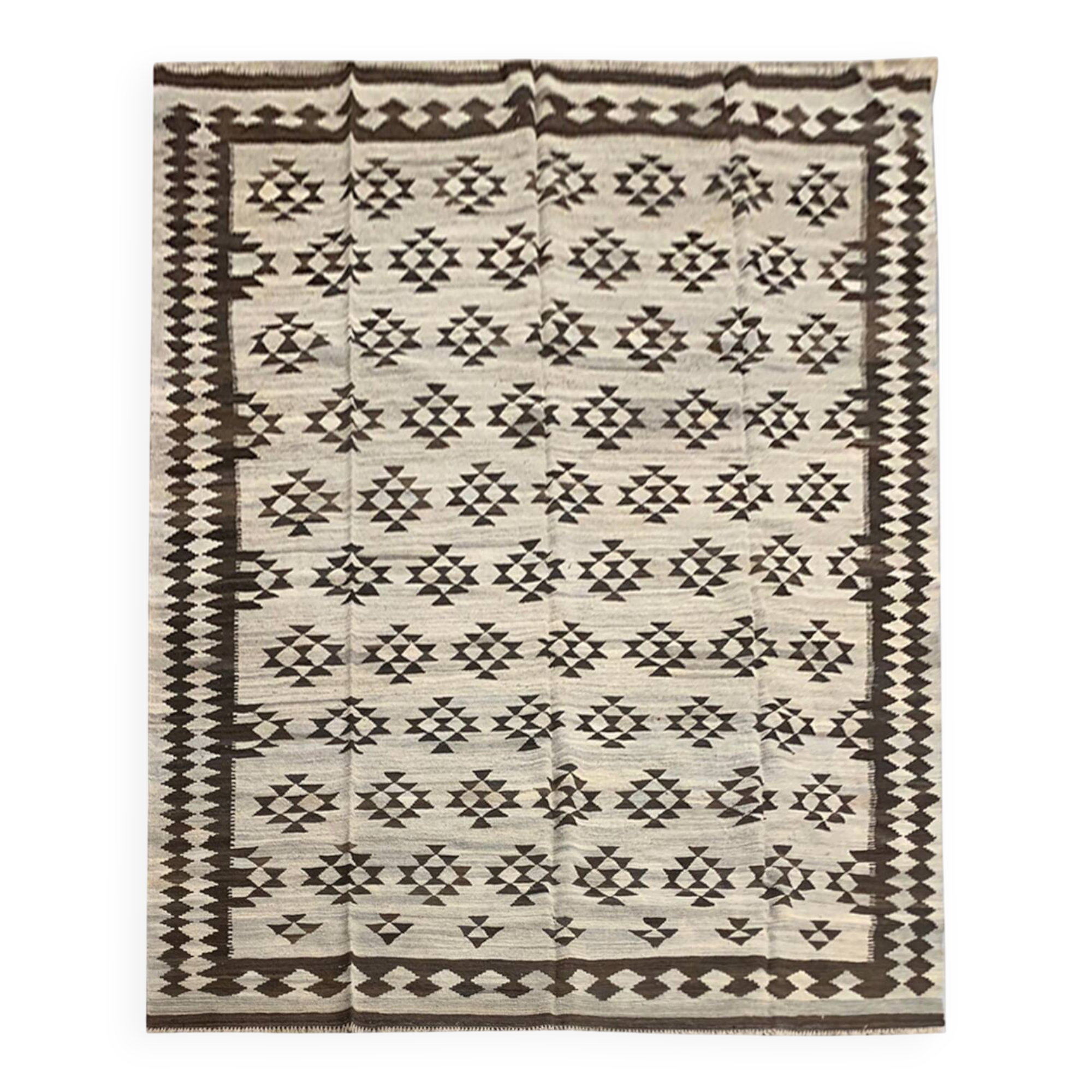 Large Neutral Wool Kilim Rug, Handmade Geometric Tribal Flatweave 294x259c