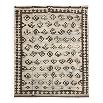 Large Neutral Wool Kilim Rug, Handmade Geometric Tribal Flatweave 294x259c