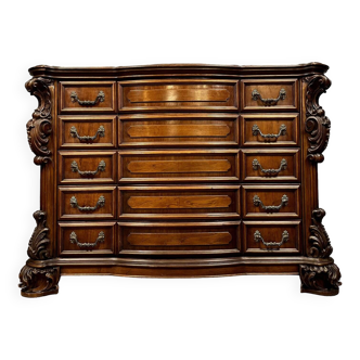 Curved Louis XV Baroque style chest of drawers in walnut circa 1950