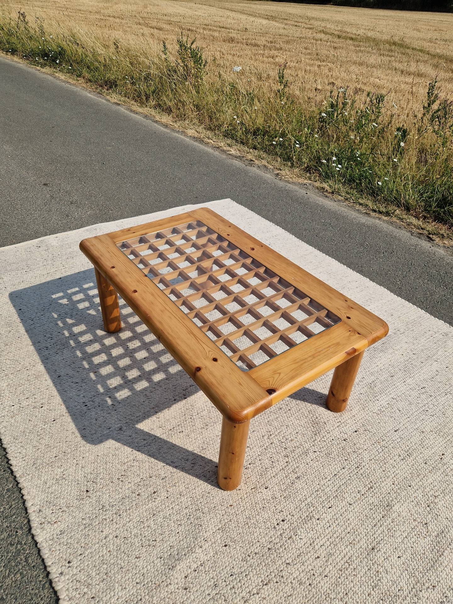 Vintage modernist coffee table in pine.