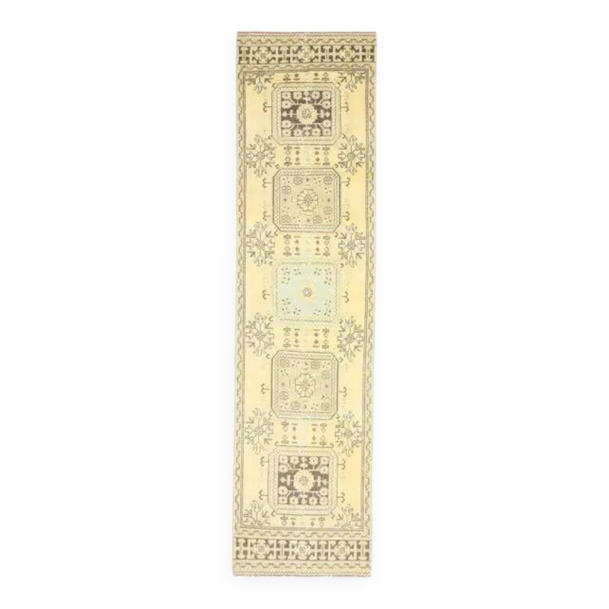 1970s Turkish Oushak Handmade Wool Cotton Yellow Runner 86x335