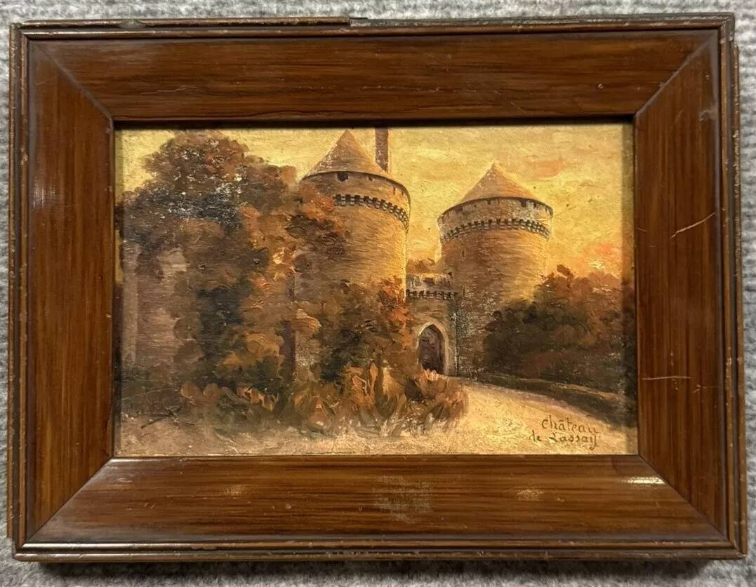 Oil painting on panel dated 1910 depicting the Château fort de Lassay