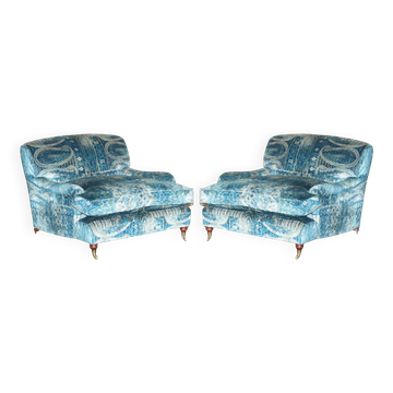 Pair of custom Howard love seat armchairs in Mulberry Lemond silk velvet.
