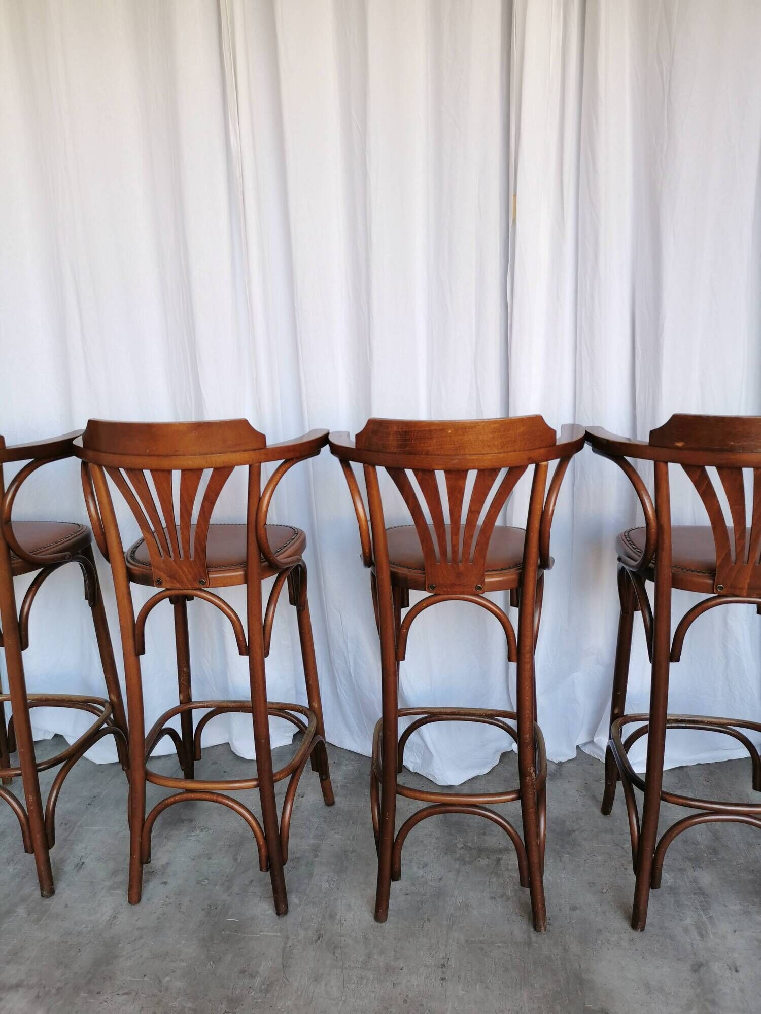Set of 6 Vintage Bentwood Bar Stool Set: Brown Leather Seat, Nailhead Trim