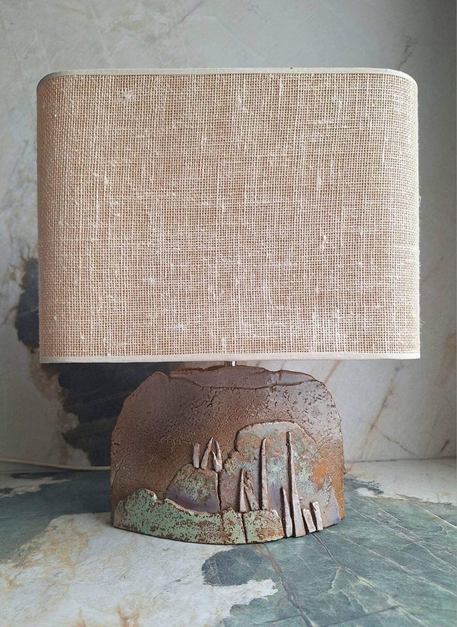Vintage ceramic lamp signed, antique light fixture.