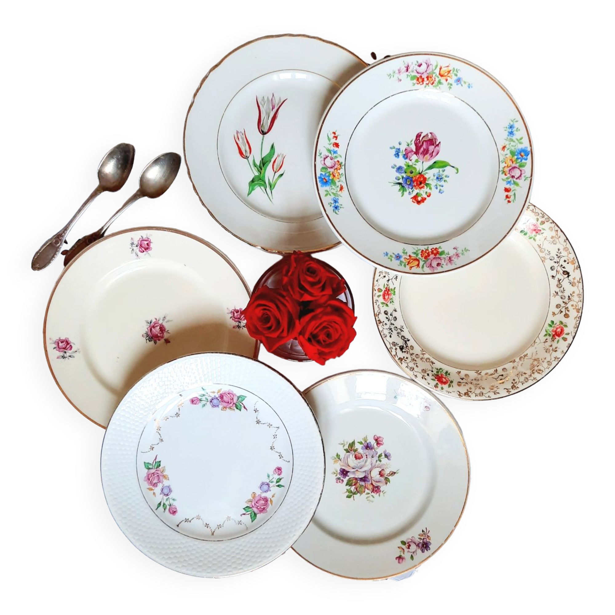 Antique dessert plates mismatched in earthenware with gilded edges