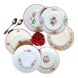 Assiettes à dessert anciennes dépareillées en faïence avec liserets dorés