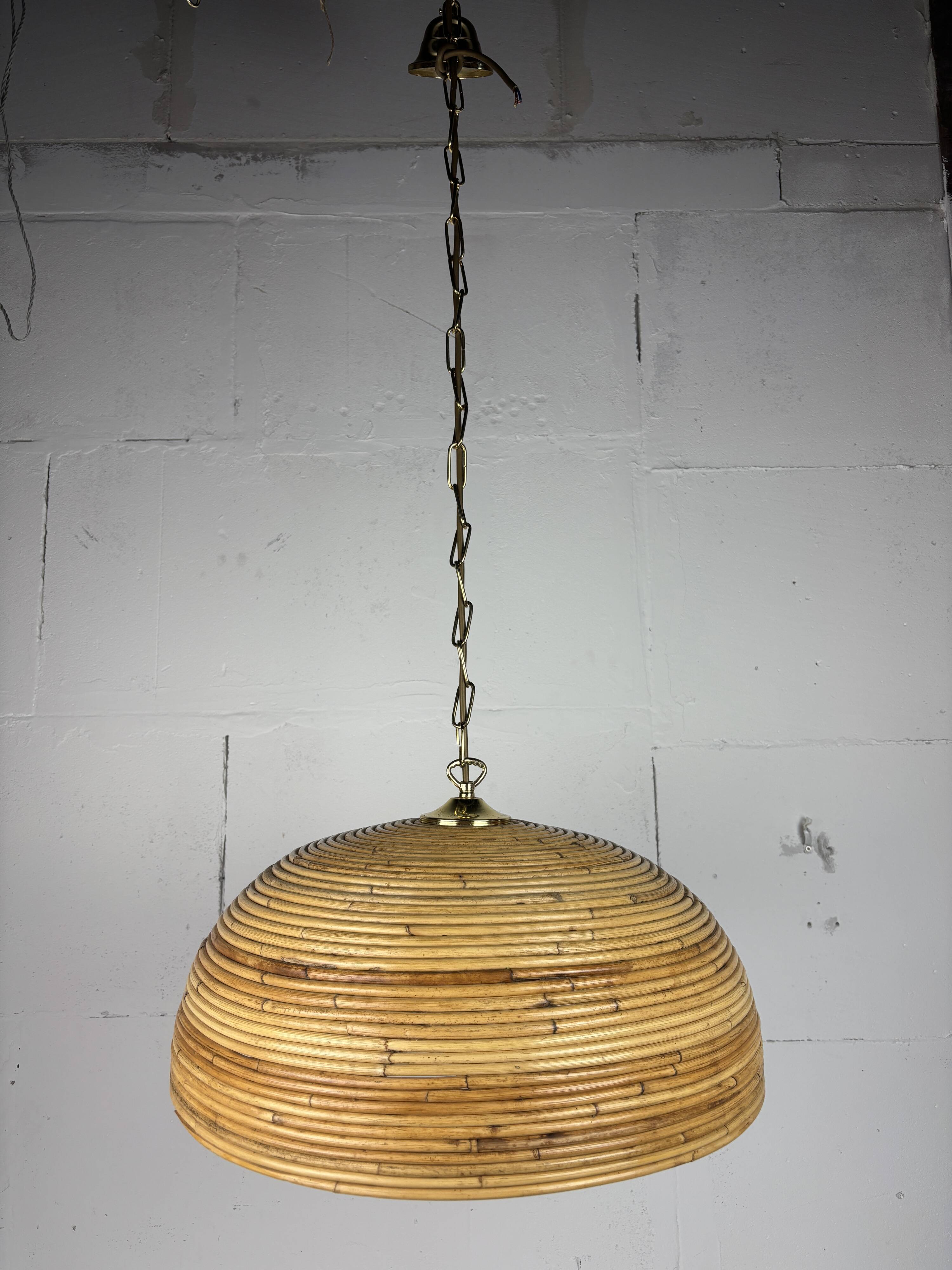 Midcentury Pencil Reed, Rattan, Bamboo and Brass Pendant Hanging Lamp, 1970