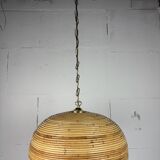 Midcentury Pencil Reed, Rattan, Bamboo and Brass Pendant Hanging Lamp, 1970