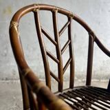 Rare McGuire 1970s dark brown rattan armchairs — set of 6, bamboo bindings, mid-century boho