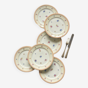 Set of 6 Limoges flat plates small flowers and gilding old porcelain Charles Ahrenfeldt