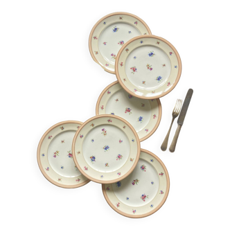 Set of 6 Limoges flat plates small flowers and gilding old porcelain Charles Ahrenfeldt