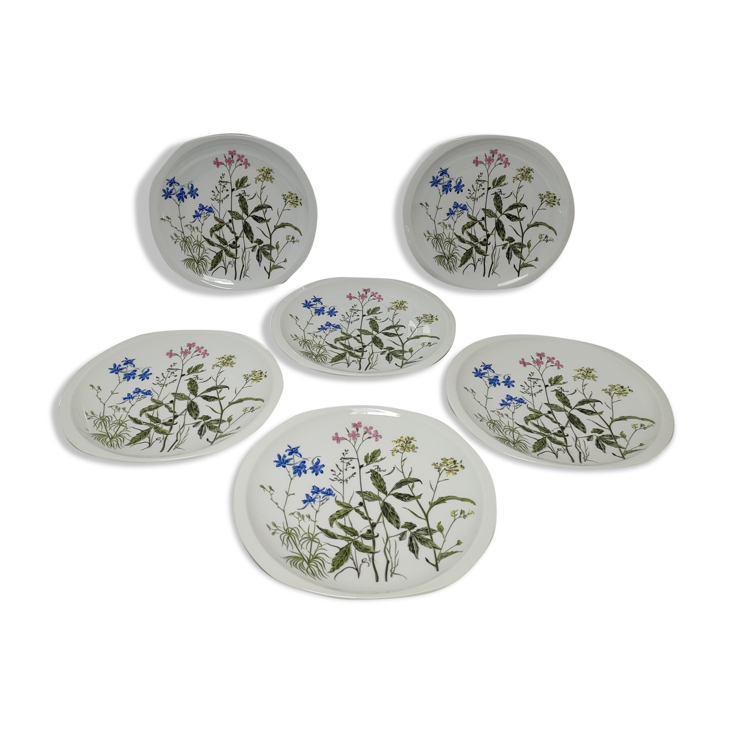 Six flat plates porcelain Bernardaud Limoges model Alcée floral decoration