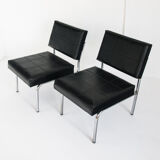 Pair of vintage low armchairs in chrome metal and skaï, Spain 1970