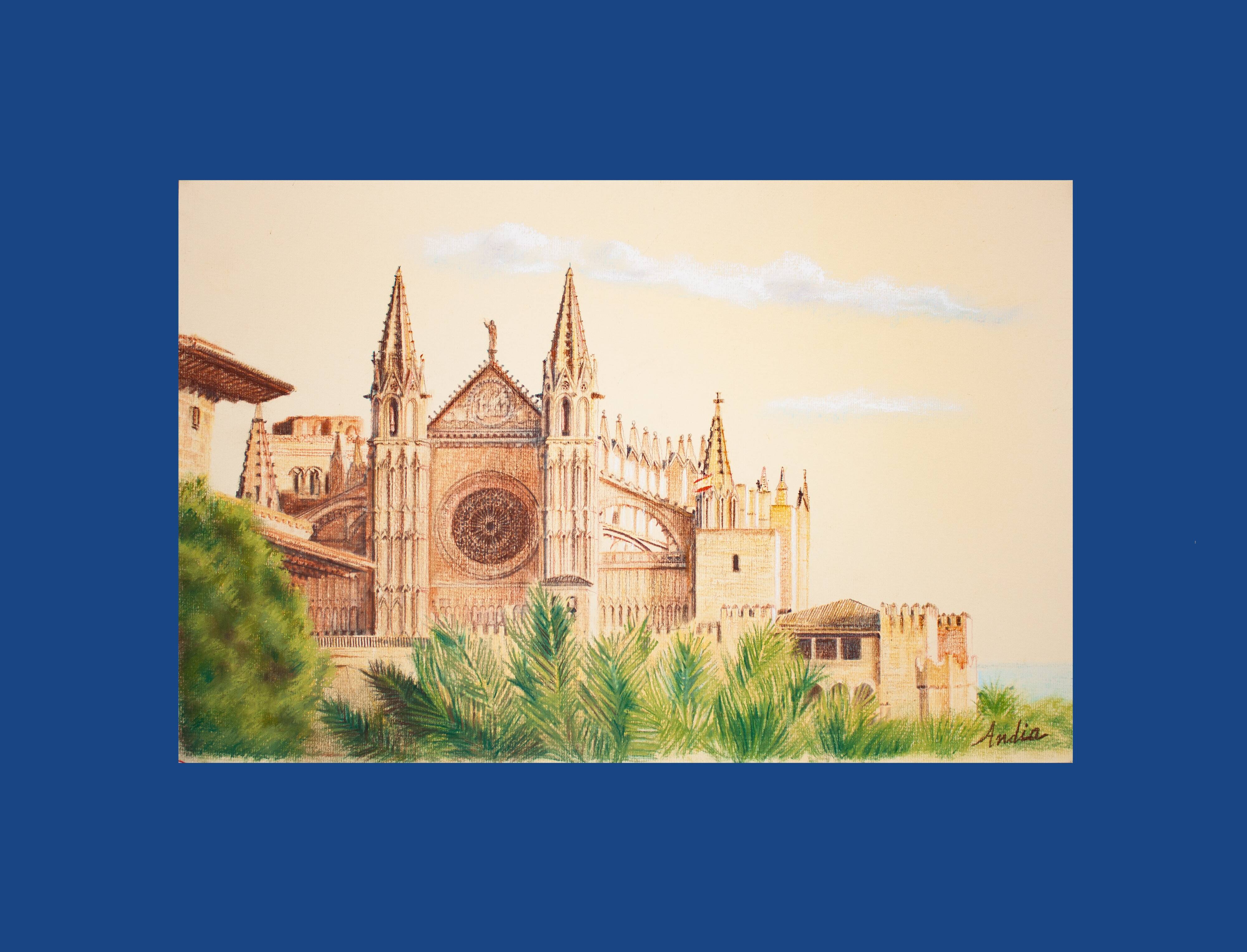 Dibujo de la catedral de mallorca. cuadro de mallorca. pintura mallorca. mallorca pintura.