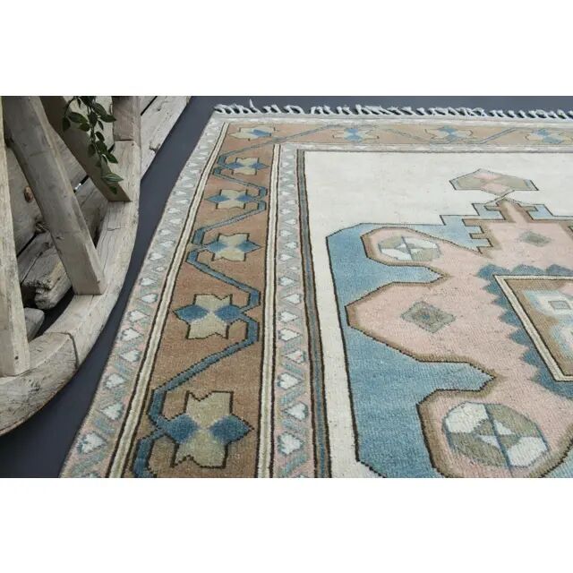 Vintage Turkish Hand-Knotted Wool Cotton Beige Area Rug 193x263