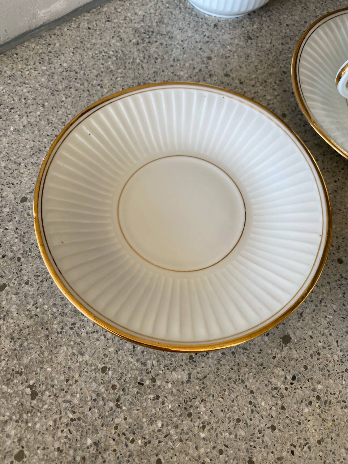 3 white and gold tea or chocolate cups