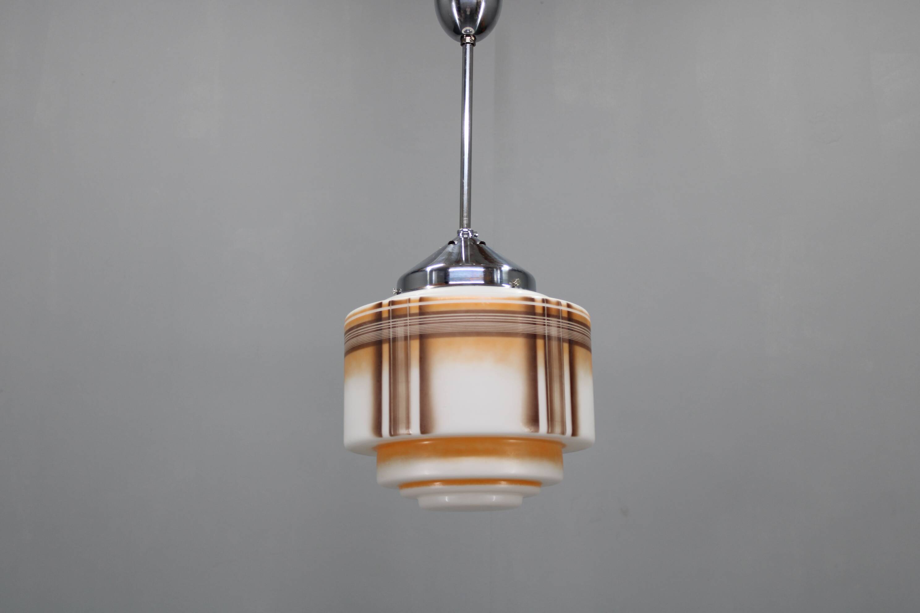 1930s Napako Art Deco pendant light in chrome and glass, restored, new wiring