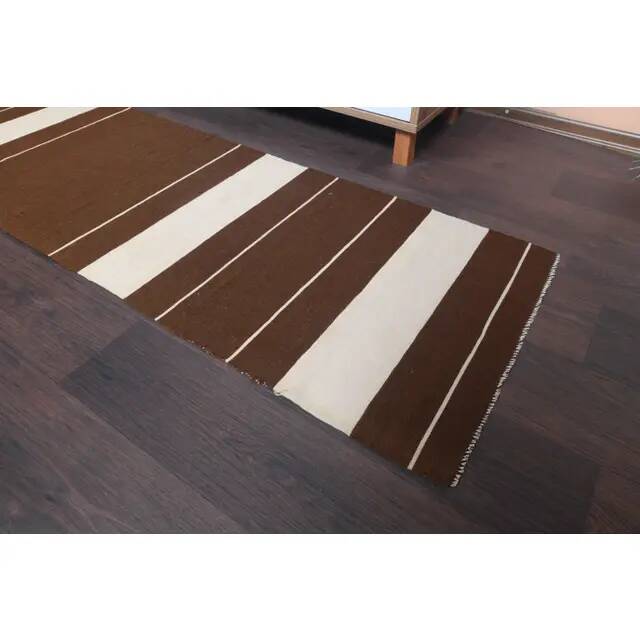 Vintage Turkish Hand-Knotted Wool Cotton Brown Kilim Runner Rug 60x176
