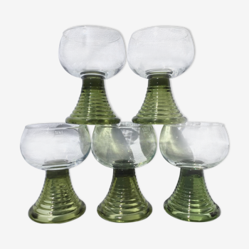 5 Verres a vin ou eau pied vert olive ondulé 25cl