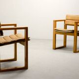Set of Camel Leather Cubic Pinewood Side Chairs by Ate van Apeldoorn 1970s