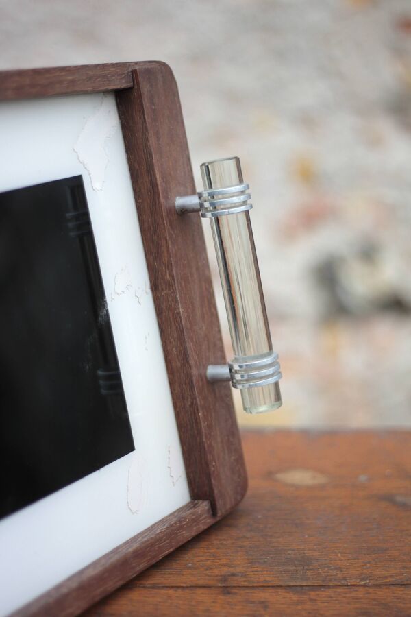 Plateau bois art déco, plateau bois avec poignées en verre,plateau déjeuner