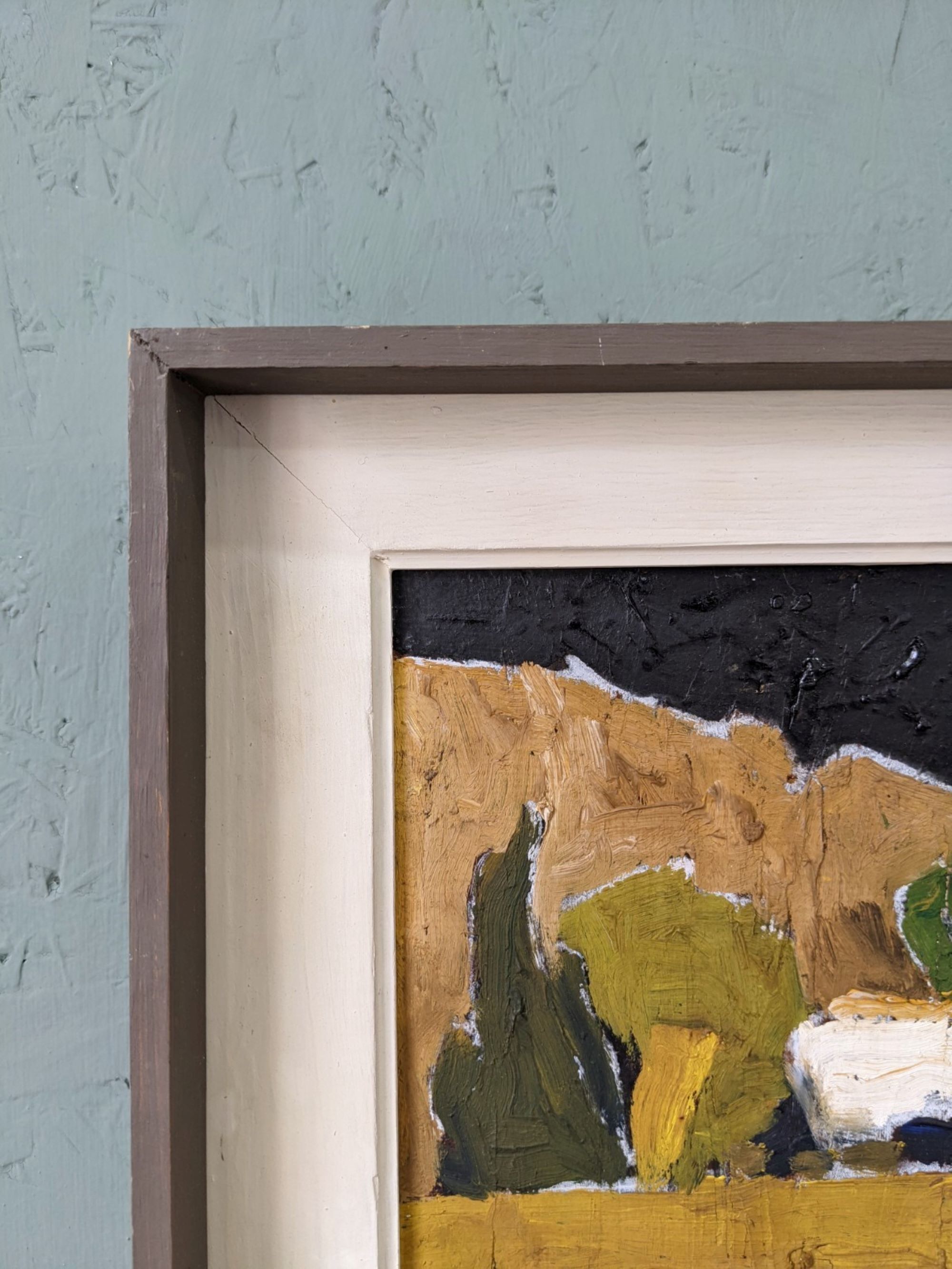 Mid-Century Modern Swedish Oil Painting "White Village" Vintage Framed Landscape