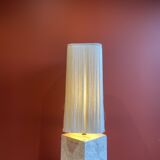 Beige marble stucco base, Houles white ecru fringed lampshade.