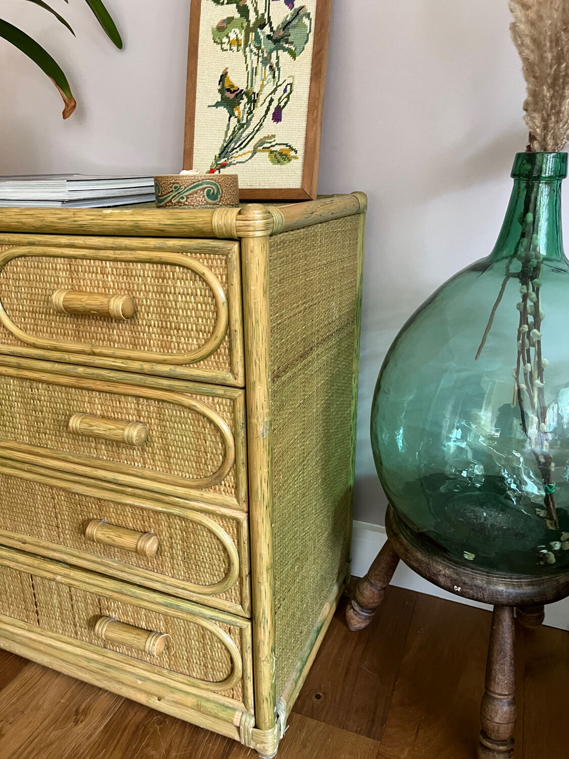 Charming rattan and bamboo chest of drawers.