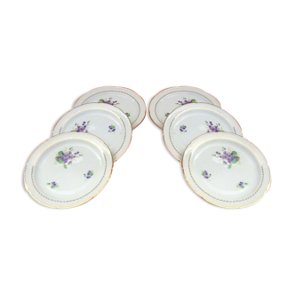 Suite of 6 flat plates Floral décor, enhanced with a gold ede Porcelain from Limoges