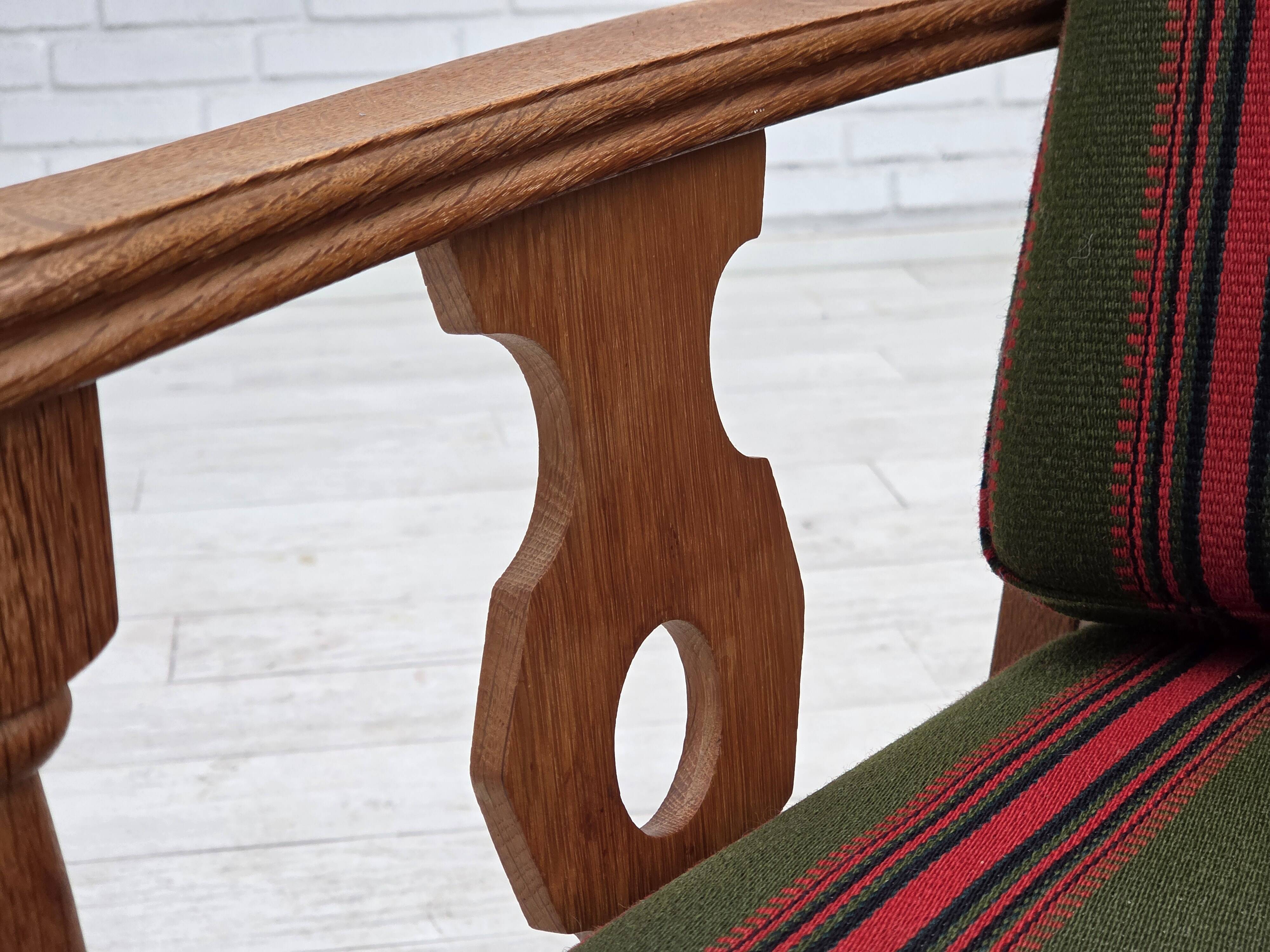 1970s, Danish armchair, green furniture wool, solid oak wood.