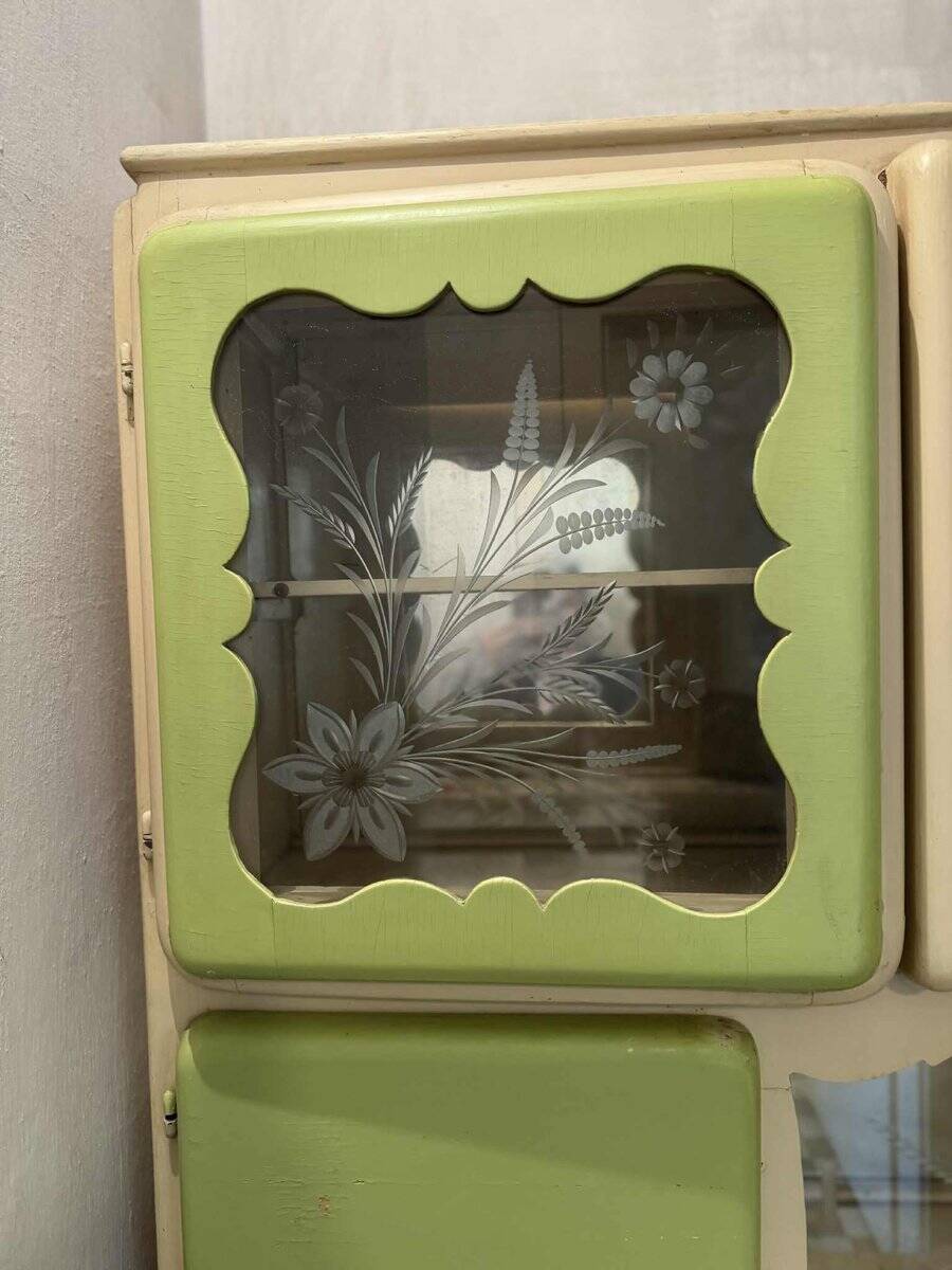 Hungarian Art Deco green and cream kitchen cabinet with glass doors, 1940s
