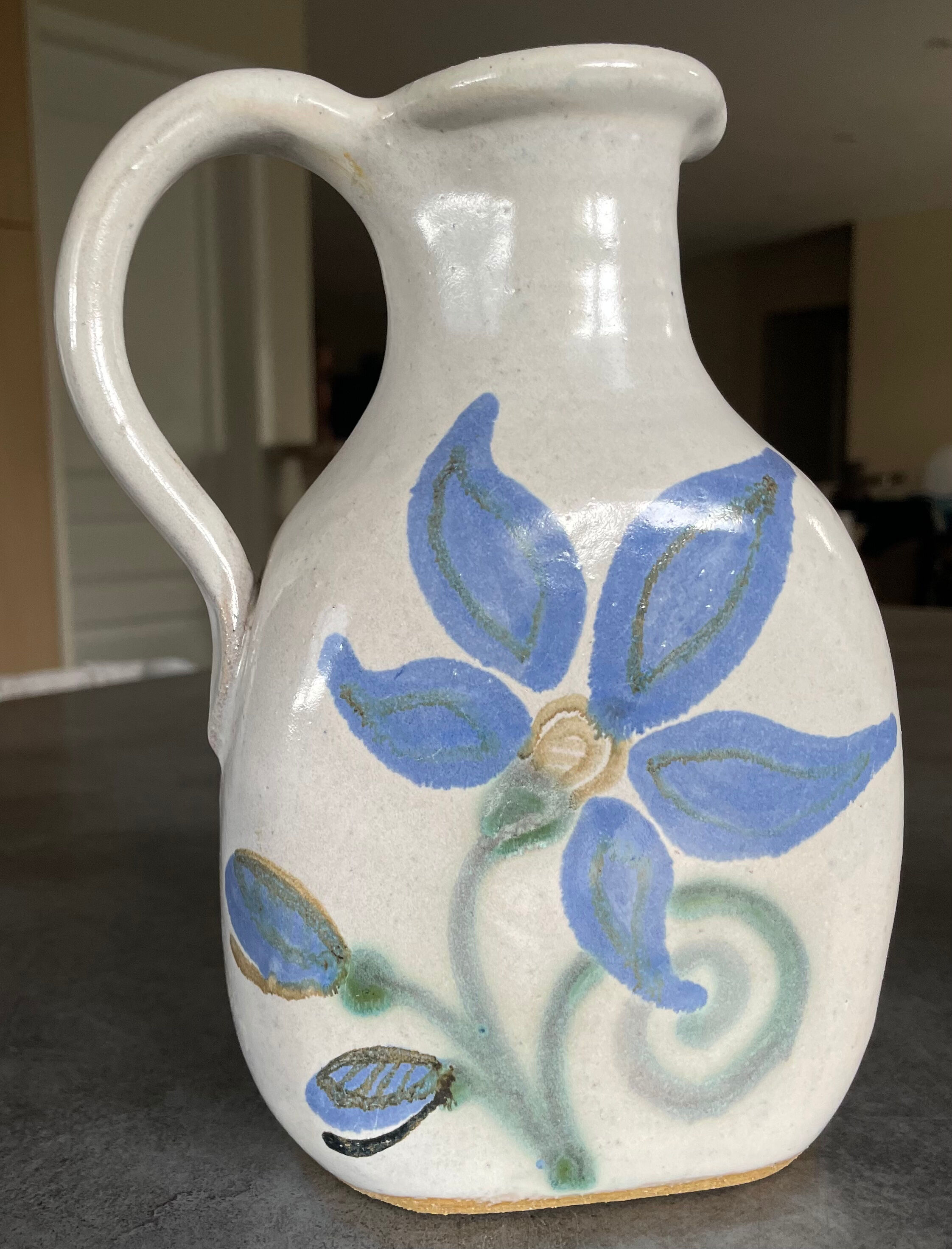 Vintage signed stoneware pitcher jug with floral painting decoration