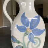Vintage signed stoneware pitcher jug with floral painting decoration