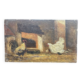 Oil on panel - Farmyard with rooster and hen