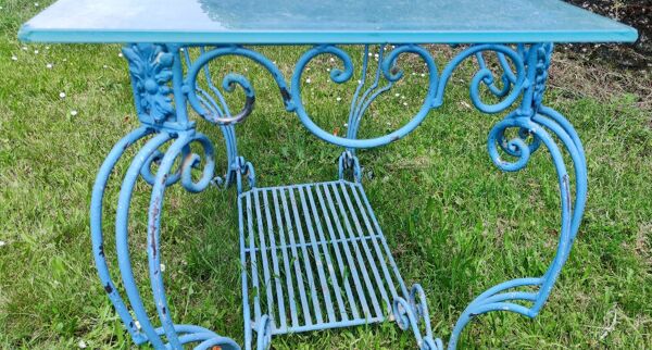 Ancienne table console fer forgé et verre