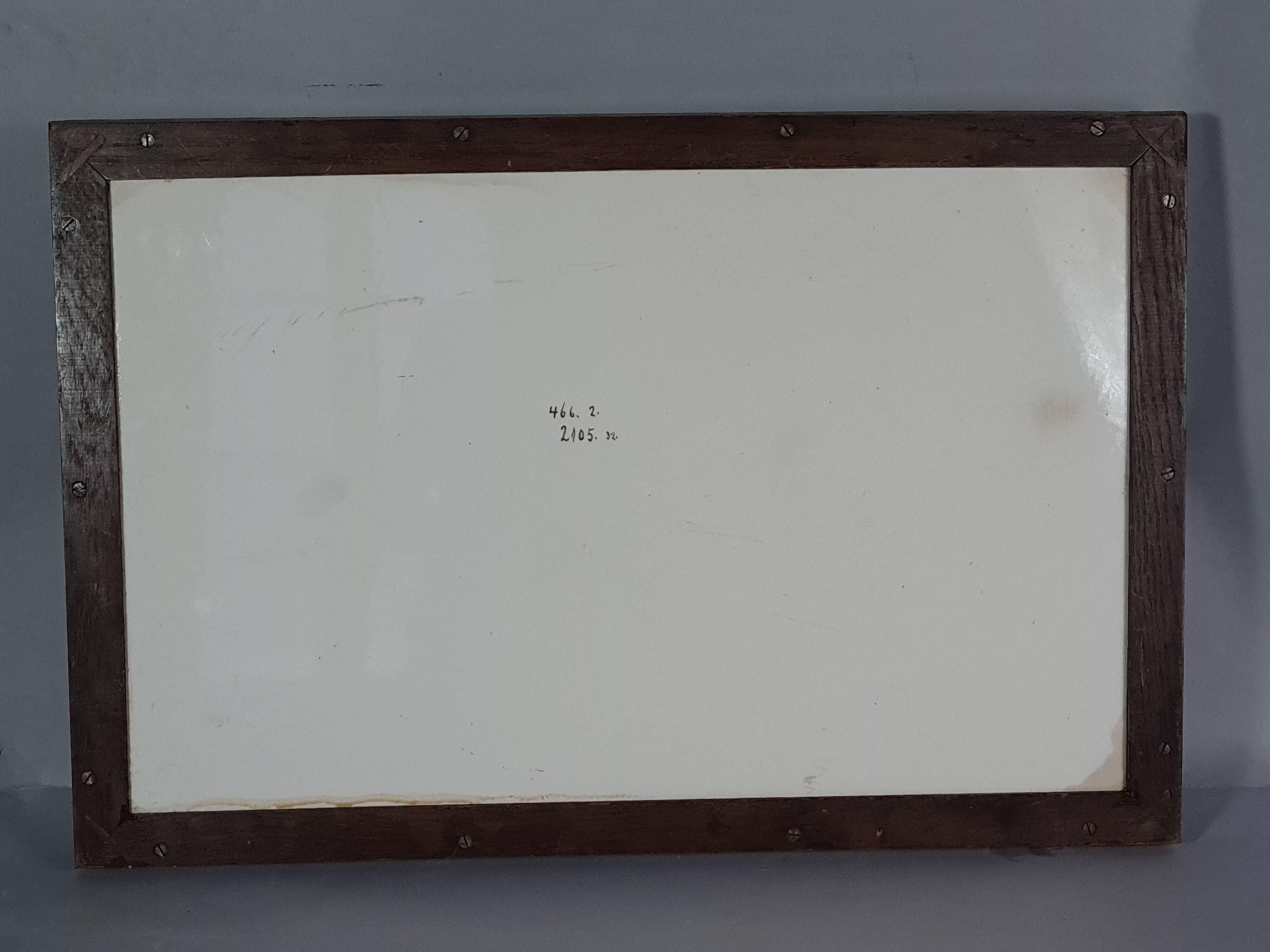 Ancien plateau de service faïence émaillée floral  & bois 1900 57x35 cm C99