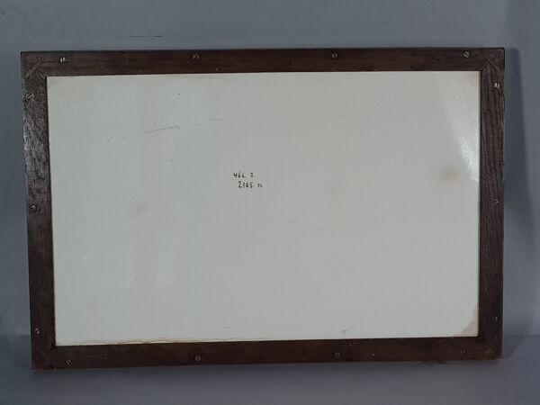 Ancien plateau de service faïence émaillée floral  & bois 1900 57x35 cm C99