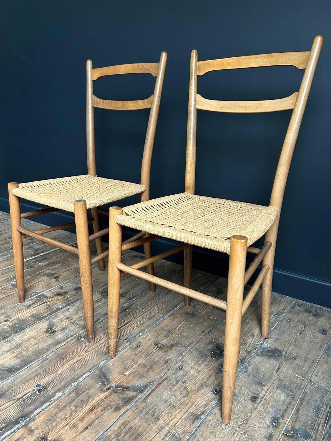Pair of vintage chairs with rope, antique seating furniture