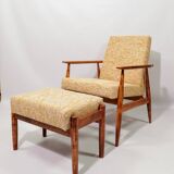 Scandinavian armchair and foot rest yellow mellow Boho upholstery fabric